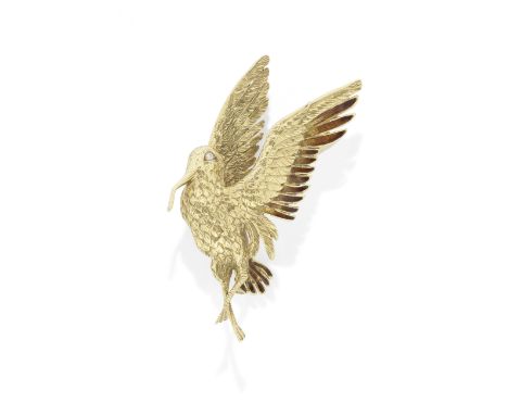 BOUCHERON: ENAMEL AND DIAMOND-SET BIRD BROOCH, CIRCA 1960The textured bird with wings outstretched, the tail and tips of one 