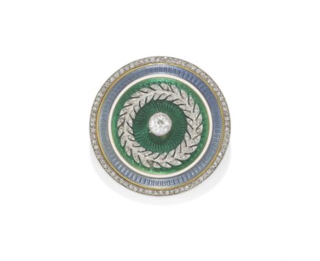 CHAUMET: DIAMOND AND ENAMEL BROOCH, CIRCA 1900Of circular form, the blue and green guilloche enamel ground applied with an ol