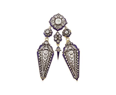 DIAMOND AND ENAMEL BROOCH, 2ND HALF OF THE 19TH CENTURYThe quatrefoil surmount, set with an old cushion-shaped diamond, withi