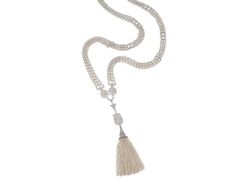 BELLE ÉPOQUE SEED PEARL AND DIAMOND SAUTOIR, FIRST QUARTER OF THE 20TH CENTURY COMPOSITEThe latticework of seed pearl linking