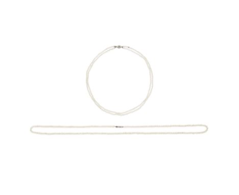 PEARL NECKLACE, LATE 19TH CENTURY, AND A SEED PEARL NECKLACE, CIRCA 19001st: a single row with old brilliant and rose-cut dia