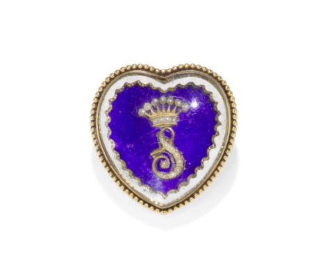 ENAMEL AND SEED PEARL MEMORIAL BROOCH, 1893Heart-shaped with beaded border, the central seed pearl 'S' and coronet against a 