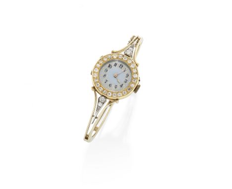 LE ROY &amp; FILS: GOLD, ENAMEL AND DIAMOND WATCH BANGLE, CIRCA 1894The circular blue guilloché enamel dial with Arabic numer