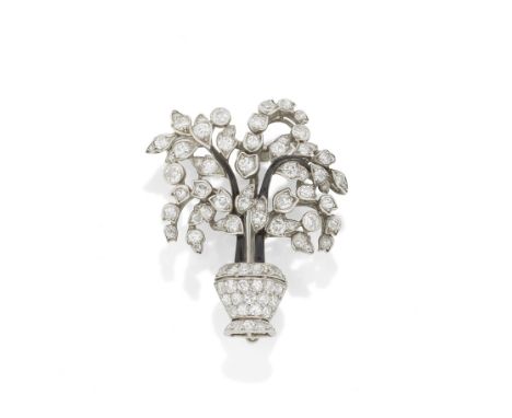 HENRI PICQ: ART DECO DIAMOND AND ENAMEL TREE BROOCH, CIRCA 1925The pierced vase pavé-set with single-cut diamonds, issuing a 