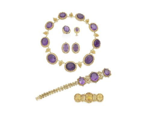 GOLD CANNETILLE AND AMETHYST DEMI-PARURE, CIRCA 1830Comprising a necklace, bracelet, ring and pendent earrings, together with