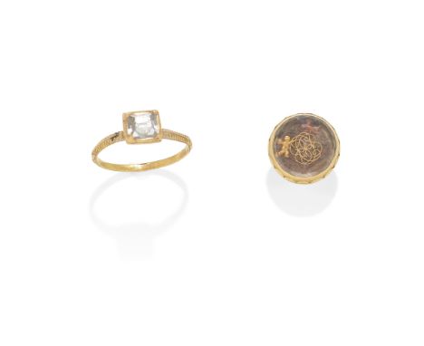 TWO ANTIQUE GOLD JEWELS1st: A Renaissance Revival diamond ring, 19th century, the table-cut diamond in a square bezel setting