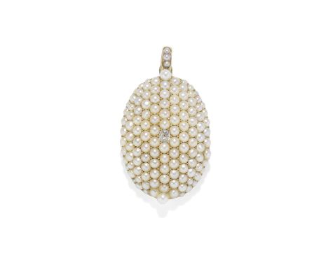 CHILD &amp; CHILD: HALF PEARL AND DIAMOND LOCKET, CIRCA 1890Oval, pavé-set with half pearls, with a cushion-shaped diamond at