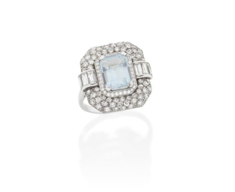VAN CLEEF AND ARPELS: AQUAMARINE AND DIAMOND DRESS RING, MID 20TH CENTURYThe step-cut aquamarine within a pavé-set single-cut