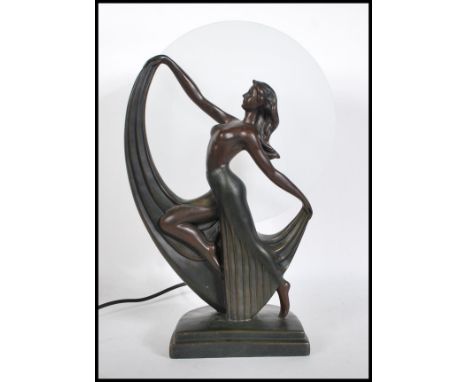 A 20th century Art Deco style table lamp in the form of&nbsp;semi-nude dancer in front of a oval frosted glass panel, raised 