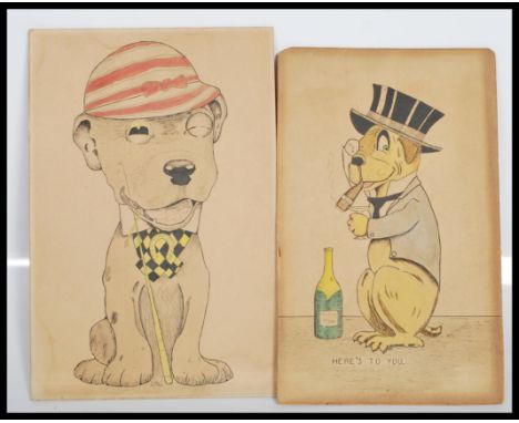A pair of early 20th Century pen and ink drawings on card of Bonzo the dog coloured in watercolor. Both signed by Roy Walker,