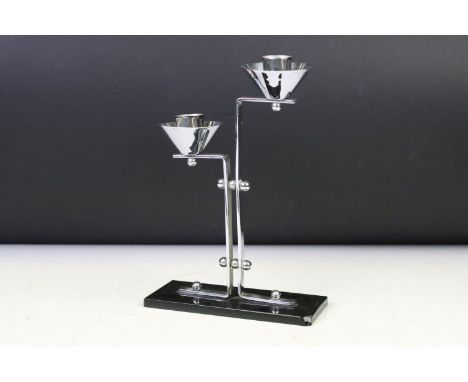 Art Deco Chrome Two Branch Candlestick on a black glass base, 23cm high 