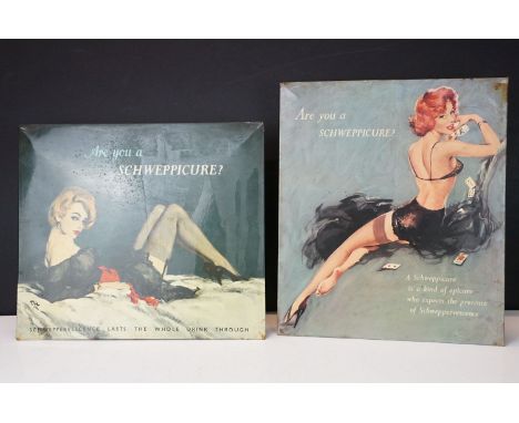 Pair of vintage Schweppes advertising table top signs. Both featuring pin up girls with the tag line 'Are you a schweppicure?