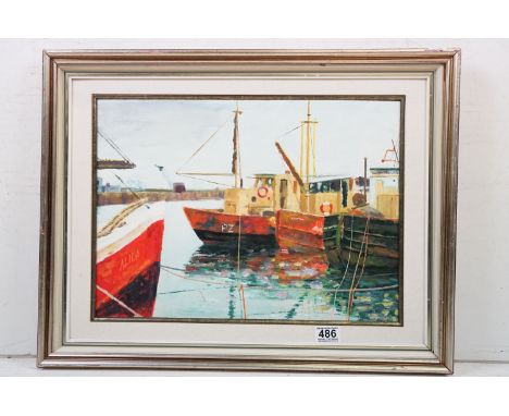 K R Davies, 20th century, oil on board, fishing boats in Newlyn Harbour, 33.5 x 46cm, framed 
