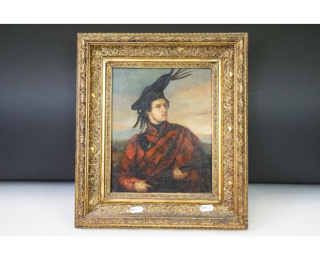 Scottish School, portrait of a Scottish hunter holding a gun, oil on board, 24 x 19,5cm, gilt framed 