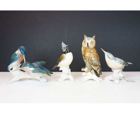 Four Karl Ens porcelain bird figurines to include 7521 Kingfishers figure group, 7518 Nuthatch, 7588 Long-eared Owl &amp; Cre