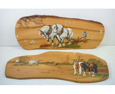 Pine panel with painted scene of man and horses ploughing, titled ' A Bit of Hard Graft ', signed Babs Rich Lenthall to lower