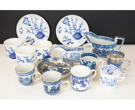 Collection of 19th century blue &amp; white English porcelain, featuring early 19th C examples, to include a set of three Wil