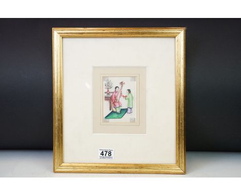 A fine Chinese watercolour miniature portrait of a lady with musical instrument and maid servant, 11 x 7cm, framed and glazed