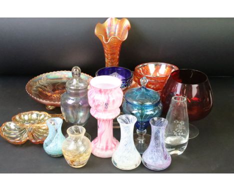 Collection of assorted 20th Century glass to include assorted Caithness vases (unmarked), carnival glass, coloured glass jars