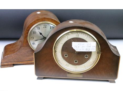 Two early 20th Century mantle clock to include an oak cased Napoleons hat clock and a Smiths mahogany case clock. Largest mea