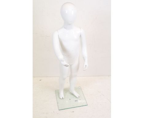 Child Full Size Shop Display Mannequin with plain white finish held on a clear square glass stand, 96cm high 