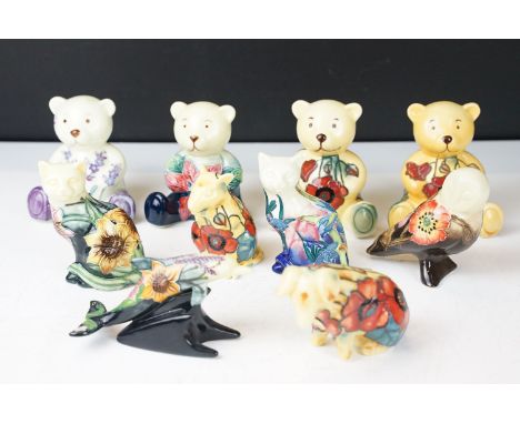 Collection of ten Old Tupton Ware porcelain animals figures with tubelined flroal decoration, featuring teddy bears, cats, ow