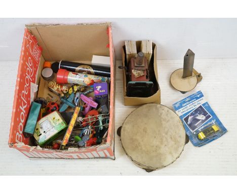 Mixed toys &amp; collectables to include clockwork tinplate toys, childs projector, coffin bank, tambourine, etc 