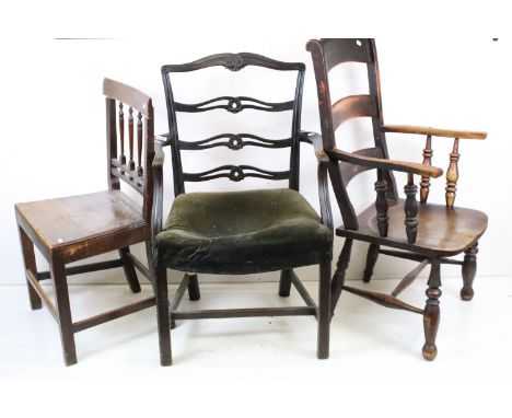 19th century Beech and Elm Ladder Back Elbow Chair, Early 19th century Elbow Chair and 19th century Chair with solid seat 