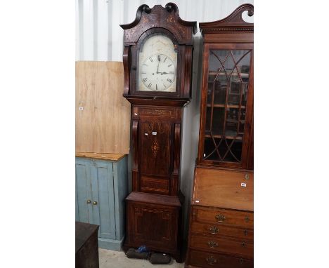 19th century Rosewood and Satinwood Inlaid 8 day Longcase Clock, the painted enamel arched dial with Arabic numerals and mark