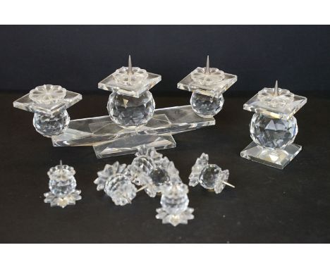 Swarovski crystal three-light candelabrum (18.5cm wide), together with a matching candle holder, and a set of six small Swaro