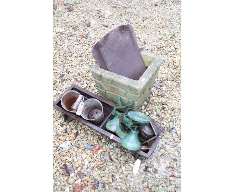 Reconstituted stone planter, together with a feeding trough, cast iron scales (with weights), etc 