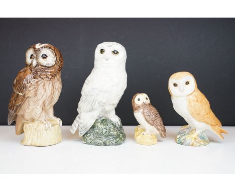 A collection of four ceramic owls to include a Royal Doulton Snowy Owl and Tawny Owl decanter, a Beswick Barn Owl No.2026 and