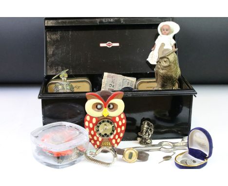 A group of mixed collectables to include ornamental brass owls, costume jewellery, hallmarked silver sugar tongs, watches, ph