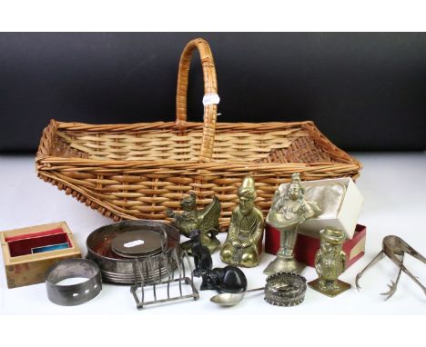 A group of mixed collectables to include a sterling silver powder compact, silver bottle coaster, silver toast rack, opera gl