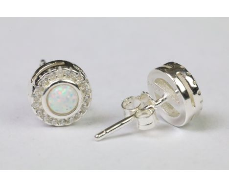 Pair of silver CZ and opal panelled stud earrings
