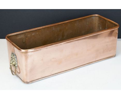 Copper Rectangular Planter with rolled rim and brass lion mask ring handles, 40cm long 