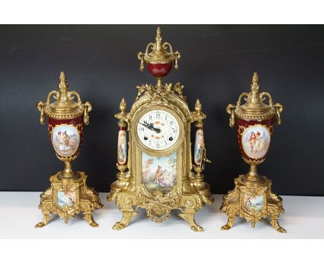 Late 20th Century Franz Hermle Lancini brass clock garniture with ceramic panelling, the clock dial with Arabic numeral &amp;