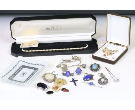 A small selection of mainly vintage costume jewellery to include silver examples together with a Rolls-Royce pin dish. 