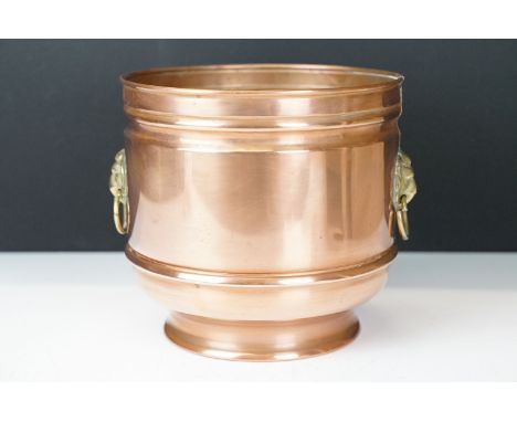 Copper Circular Planter / Jardiniere with brass lion mask ring handles, 16cm high 