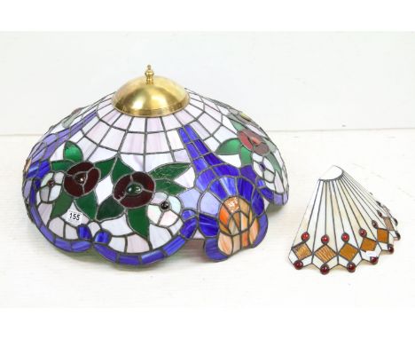 Tiffany style leaded glass ceiling shade with brass mounts, together with a similar wall mounting leaded glass light shade. L