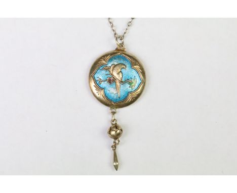 A vintage silver and enamel pendant with bird and floral decoration on silver necklace, marked sterling to clasp, necklace me