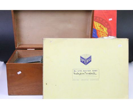 Vintage photographs, postcards, 2 scrap books etc contained within a wooden box 