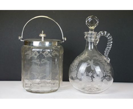 19th century glass biscuit barrel with silver plated lid, swing handle &amp; etched fern decoration (ground pontil to base), 
