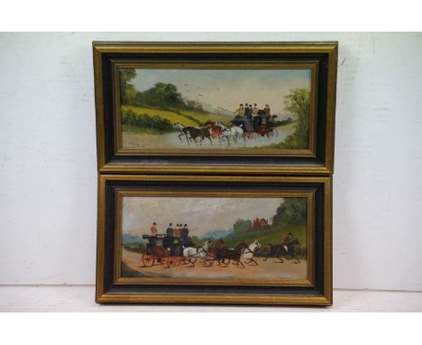 English School, horses pulling a carriage through water, oil on panel, indistinctly inscribed lower right and indistinctly da