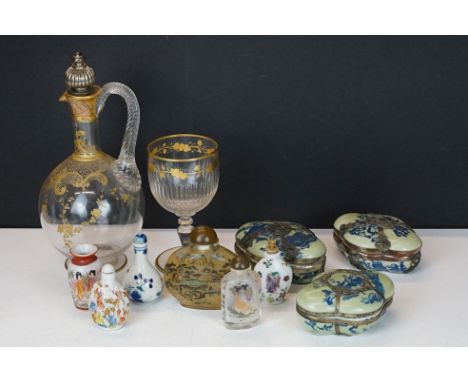 Group of Oriental glass &amp; ceramics to include a set of three Chinese ceramic boxes with white metal dragon mounts (approx