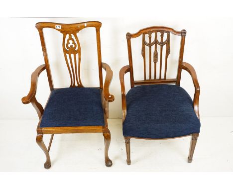 Pair of Early 20th century Oak Elbow Chairs together with Ladder Back Elbow Chair and three other chairs 