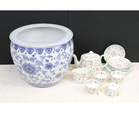 Chinese ceramic blue and white gold fish bowl planter together with a Minton Haddon Hall pattern part tea set including tea p