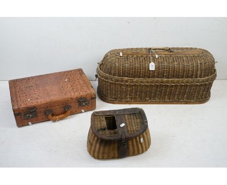 Early 20th C wicker &amp; leather fishing creel with fastening strap, together with a lidded basket of oval form (with 'Champ