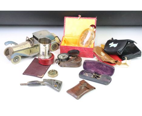 A group of mixed collectables to include tin plate toy car, purses, compasses, snuff bottle ....etc.