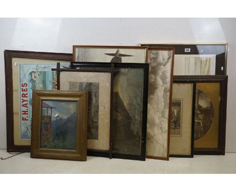 Collection of nine assorted antique prints. To include 'Morning in the highlands cattle engraving', signed 'woman on rock' en